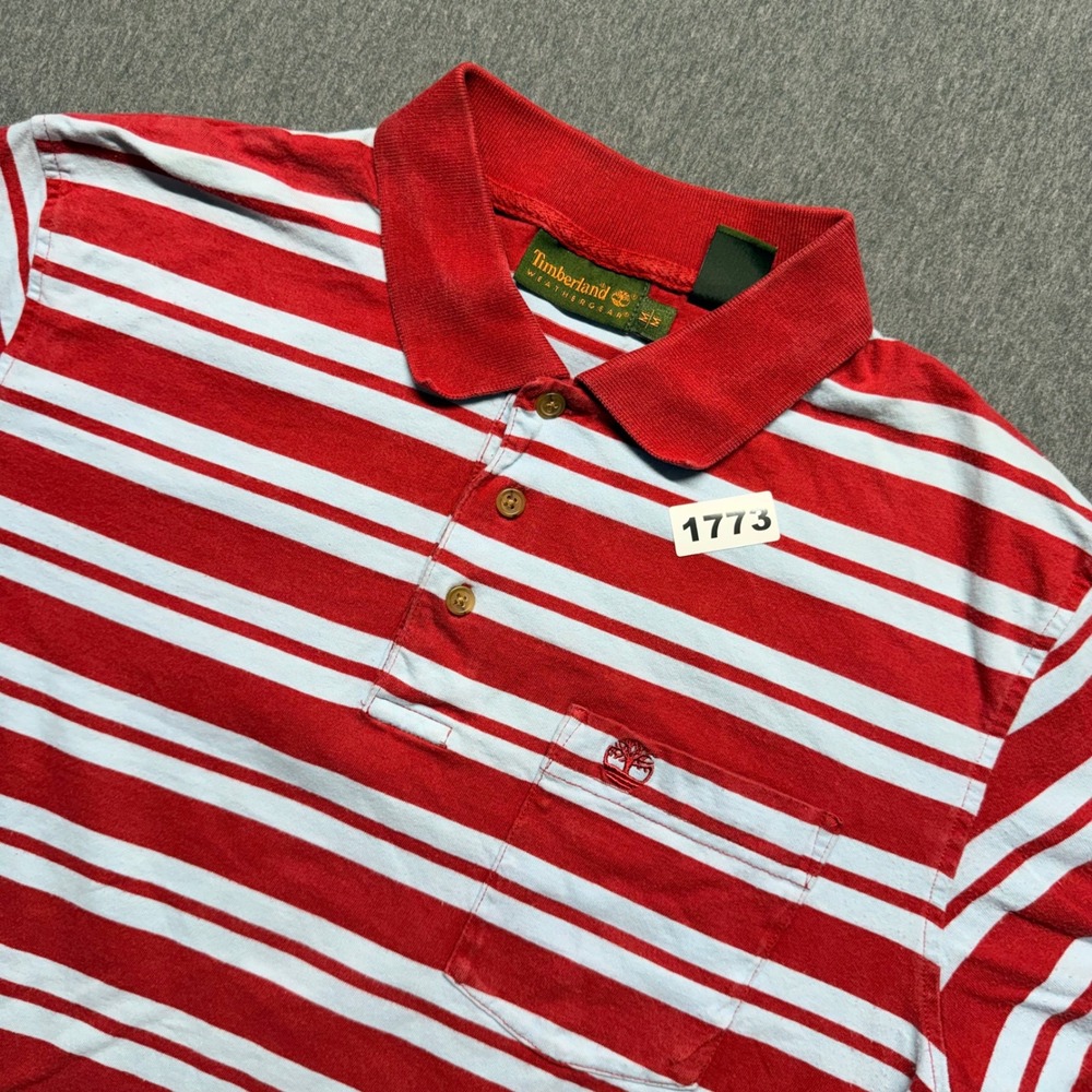 Timberland Weathergear Mens Red White Striped Short Sleeve Pocket Polo Shirt M
